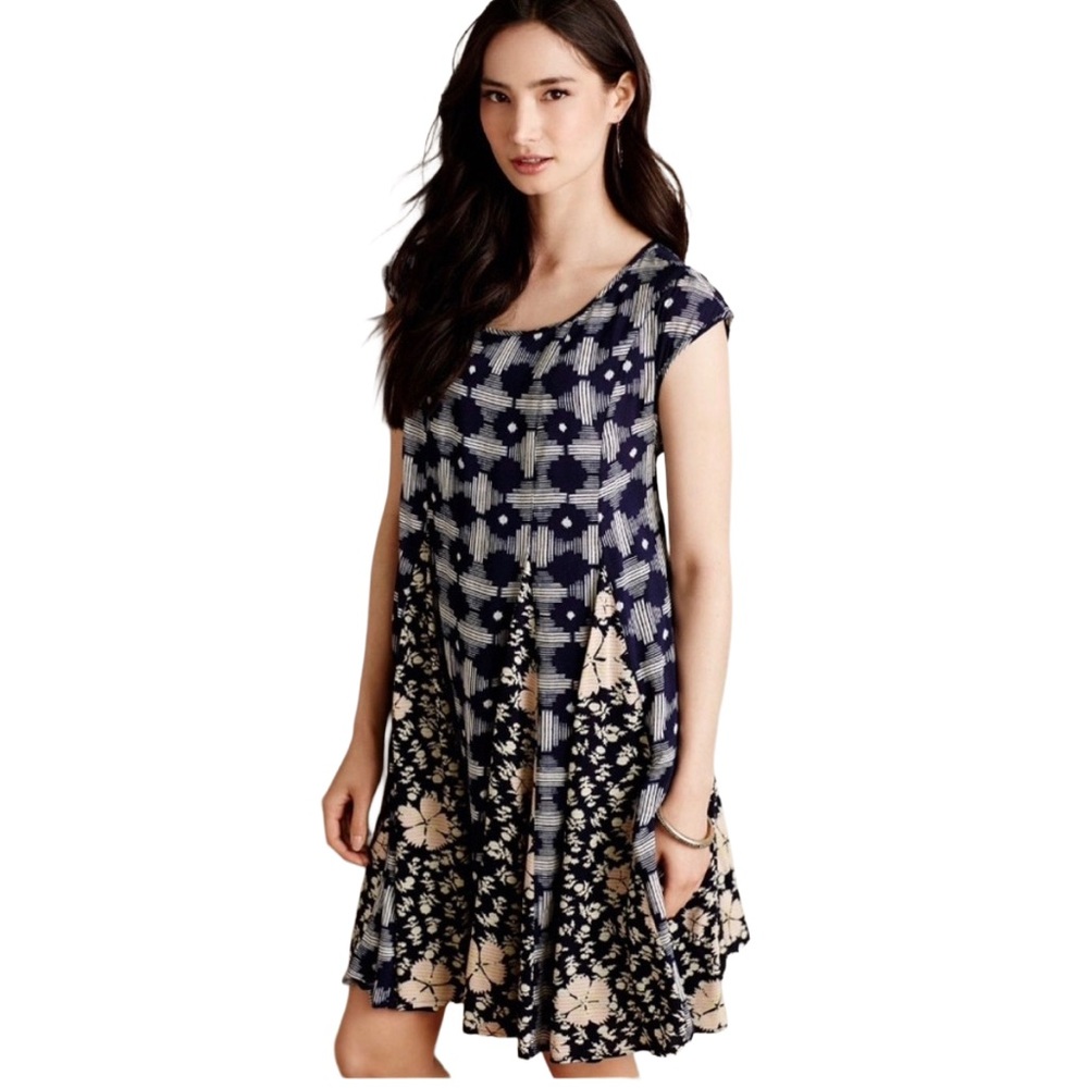 Maeve by Anthropologie Nadia Dress Navy Blue Geo Floral Mini XS